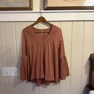 Free People Brown Lace Trim Bell Sleeve Blouse, Size Medium